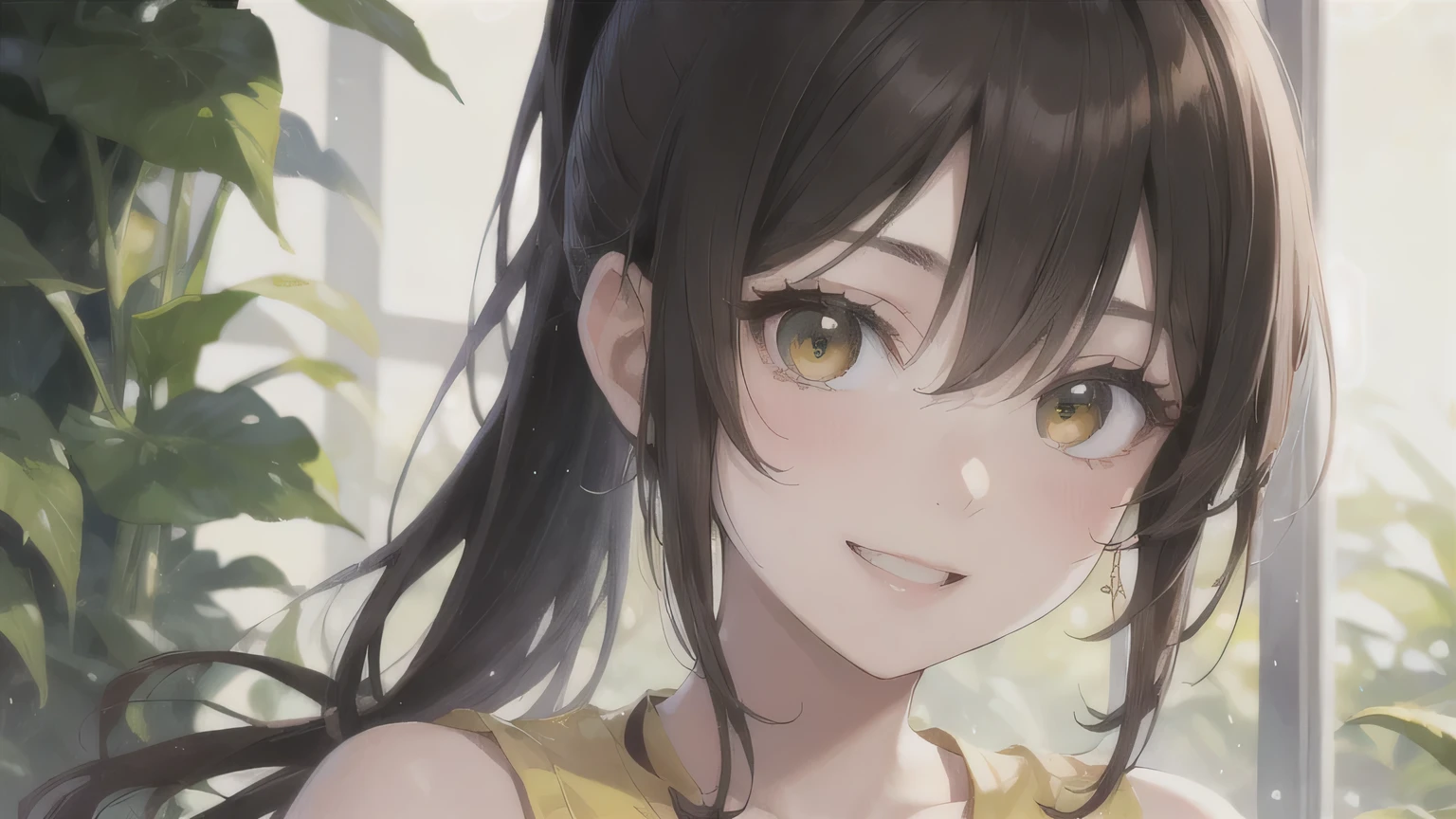 Portrait of a Girl,alone,20-year-old,Beautiful Face,ponytail, Brown Hair, Sharp focus,Yellow sleeveless shirt、Bright smile、Cheerful pose、Big eyes