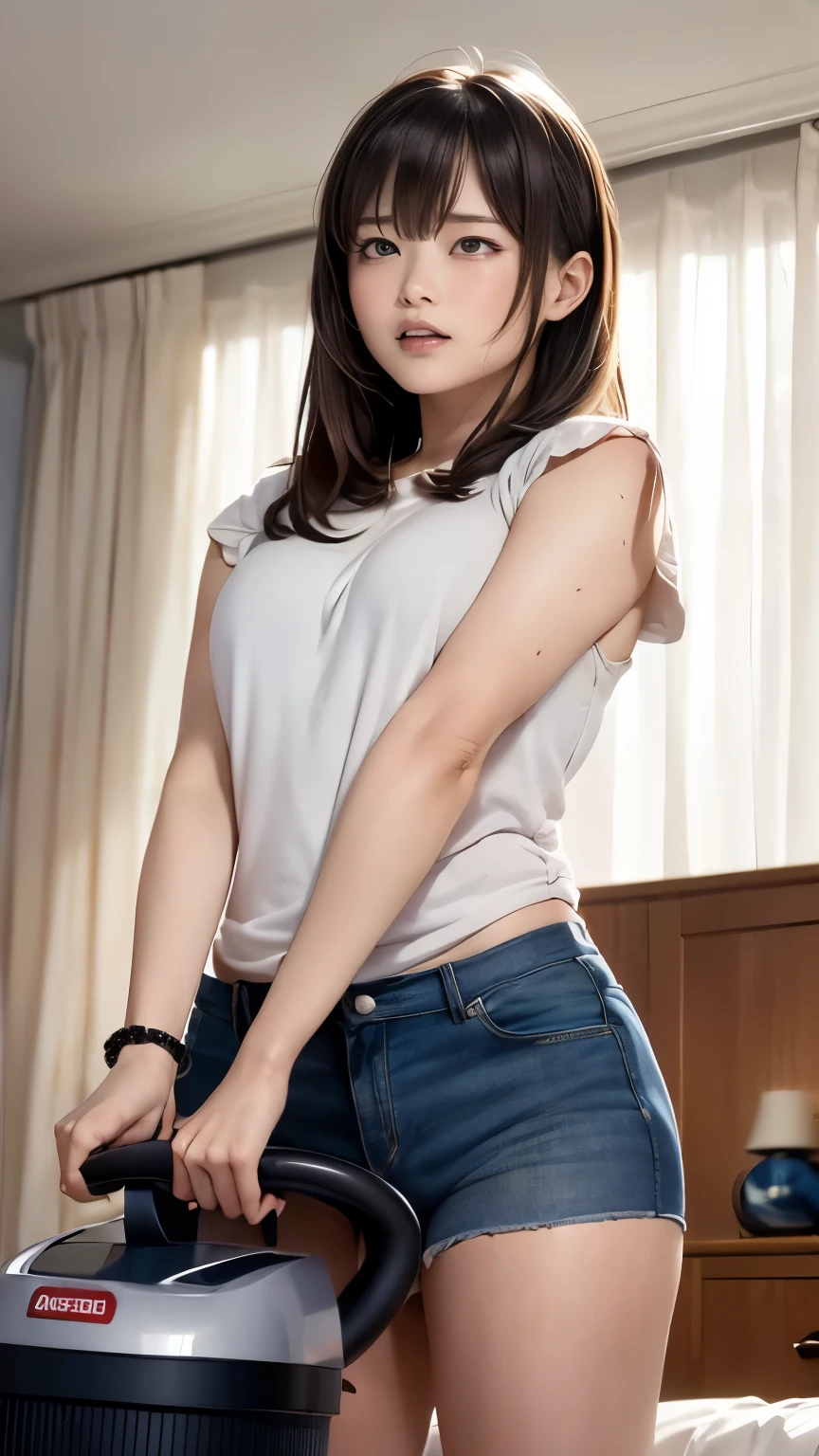 (depicting a single moment from a manga for adults), ((round face, eyes with realistic sizing, drooping eyes, blush, sweat, shame smile, thin lips, spread legs)), (((standing to hit her crotch on the vacuum cleaner for intense self pleasure))),