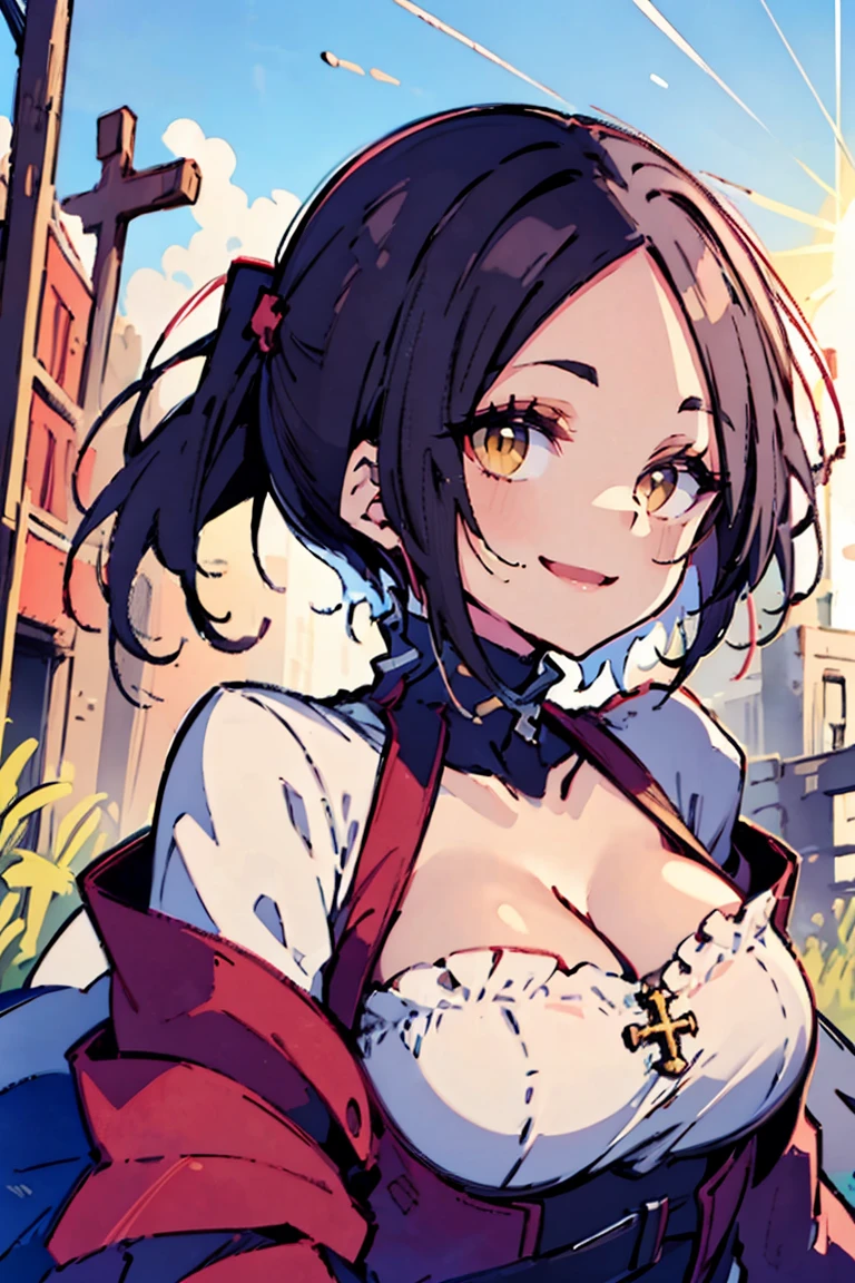 (masterpiece:1.2), (high quality:1.2), (hui xiyi:0.7), rekkyo sensen, rekkyou sensen, girls with((black hair, (tits cleavage:1.15), (breasts close up:1.15), (suspenders:1.2), (dress:0.65), (blue clothes:1.05), (belts:0.7), (frills shirt:1.2), (white knit sweater:1.2), (blue frills camisole:1.2), exposed breasts, straps, (cross clothes:1.15), (cross:1.05), upper body, (long wavy hair:1.2), (one side up:1.55), nun, long sleeves, (perfect hands:1.05), (five fingers:1.05))), background with((fantasy world, ruin, castle, beautiful sky, shining sky, sunshine))