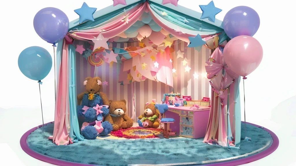 there is a small tent with balloons and a teddy bear, toy room, in a candy land style house, inside a child's bedroom, inside a circus tent, circus background, candy hospital room, 3 d stylize scene, photograph of 3d ios room, in a colorful tent, childs bedroom, cute 3 d render, magical area, personal room background