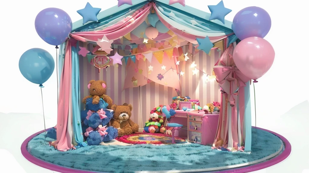there is a small tent with balloons and a teddy bear, toy room, in a candy land style house, inside a child's bedroom, inside a circus tent, circus background, candy hospital room, 3 d stylize scene, photograph of 3d ios room, in a colorful tent, childs bedroom, cute 3 d render, magical area, personal room background
