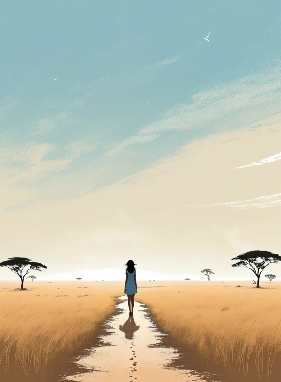 Minimalist Journey,solitary, 1 girl looking up at the sky, Minimalism, In the savannah, illustration.