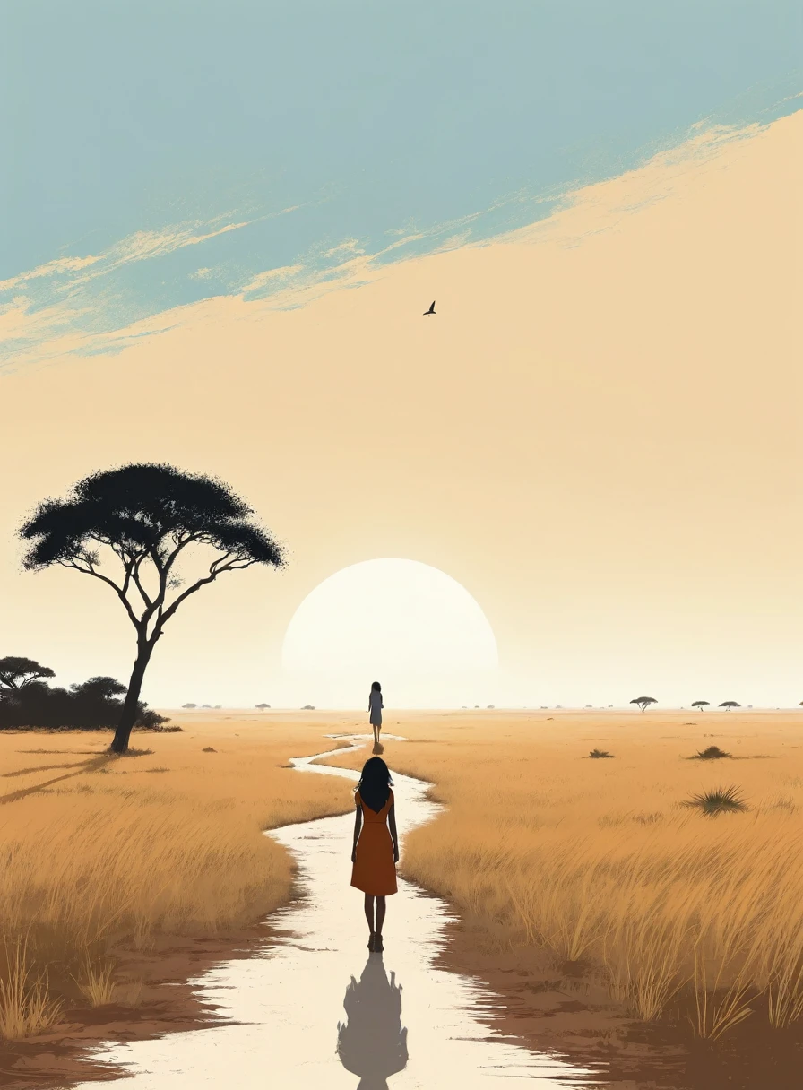 Minimalist Journey,solitary, 1 girl looking up at the sky, Minimalism, In the savannah, illustration.