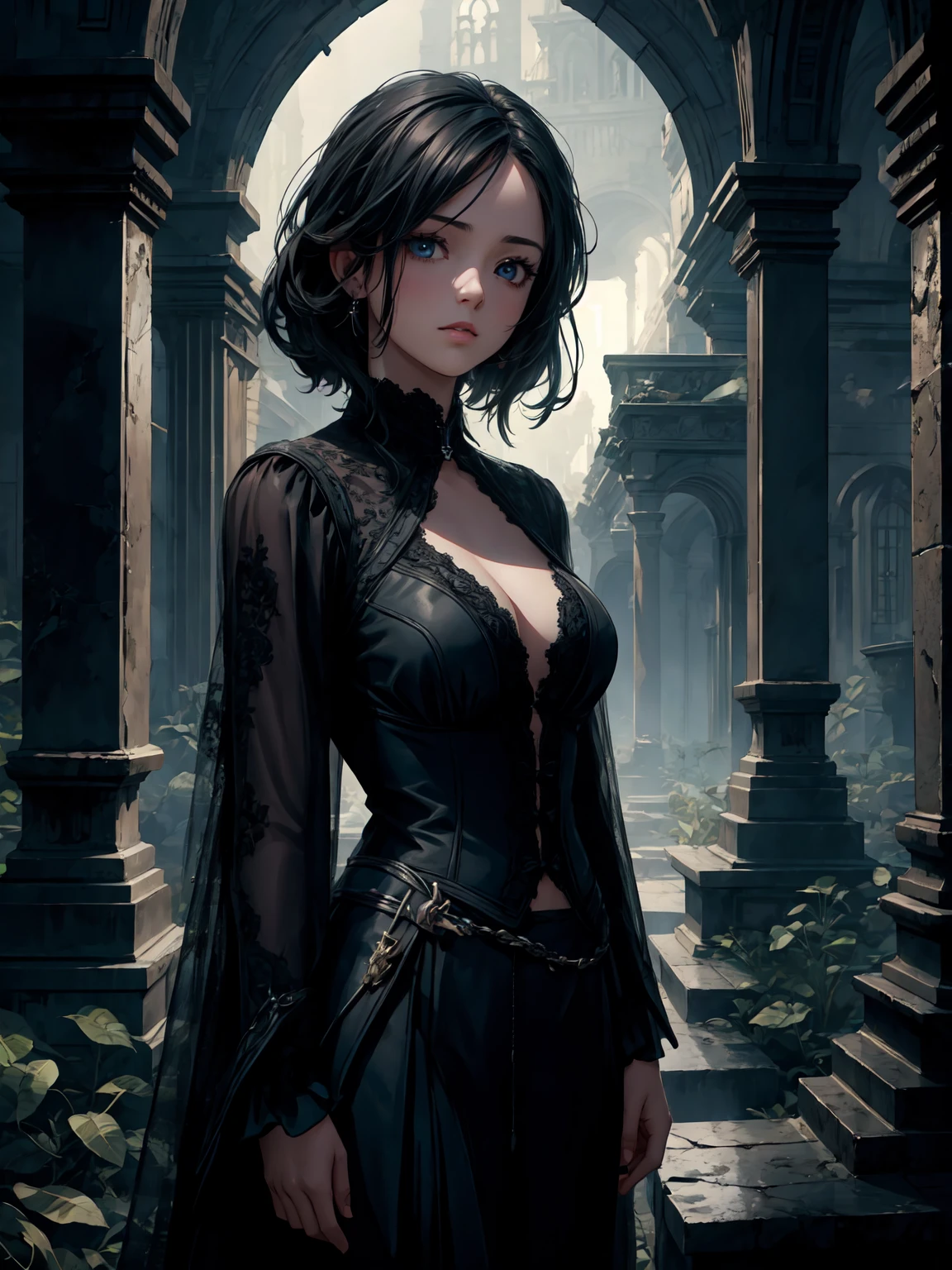 A young girl standing solemnly in a dark, atmospheric graveyard, moonlight casting shadows on the tombstones, detailed facial features, beautiful detailed eyes, beautiful detailed lips, extremely detailed eyes and face, long eyelashes, melancholic expression, detailed clothing, detailed background, (best quality, 4k, 8k, highres, masterpiece:1.2), ultra-detailed, (realistic, photorealistic, photo-realistic:1.37), HDR, UHD, studio lighting, ultra-fine painting, sharp focus, physically-based rendering, extreme detail description, professional, vivid colors, gothic, moody, dark, somber, melancholic, dramatic lighting