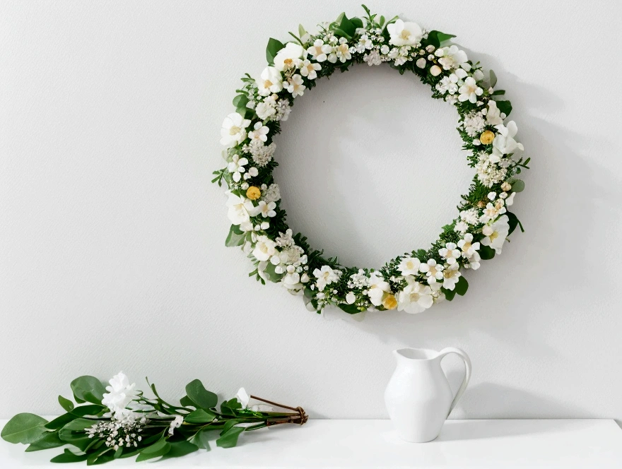 White background,a wreath, Made of flowers, Perfect minimalist composition, , elegant composition, Beautiful composition 3-d 4k, Background still life photo