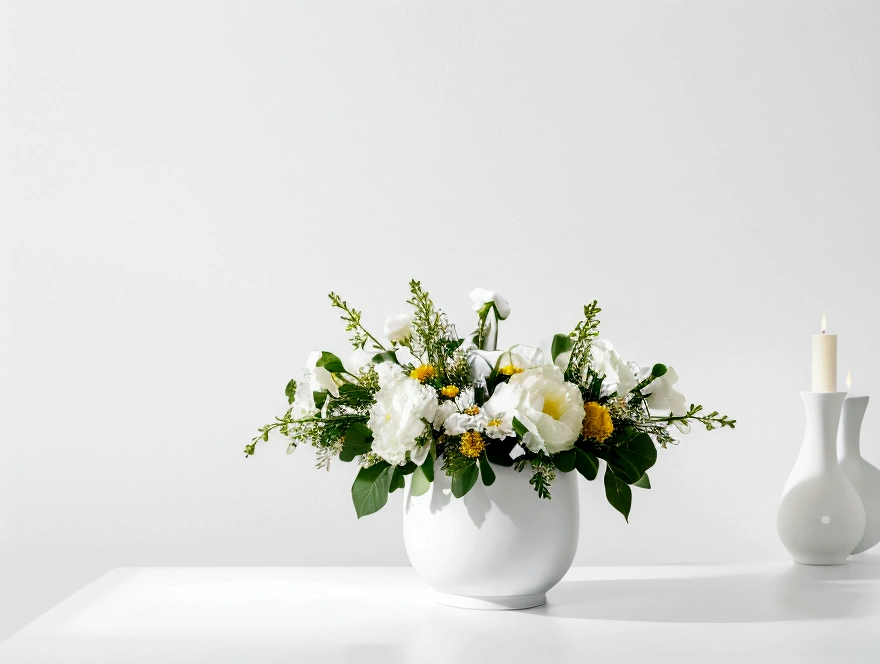 White background,a wreath, Made of flowers, Perfect minimalist composition, , elegant composition, Beautiful composition 3-d 4k, Background still life photo