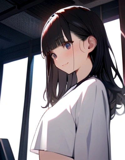((masterpiece)),((highest quality)),perfect anatomy,8K UHD,highly detailed face,luster and luster,((1 girl)),((alone)),beautiful and fine eyes,perfect image,(Upper body:1.1),(look ahead:1.1),turn your arms behind your back,slim waist,shiny hair,Are standing,black hair,(dull bangs:1.1),medium hair,smile,indoors,gym,Are standing,super detailed,