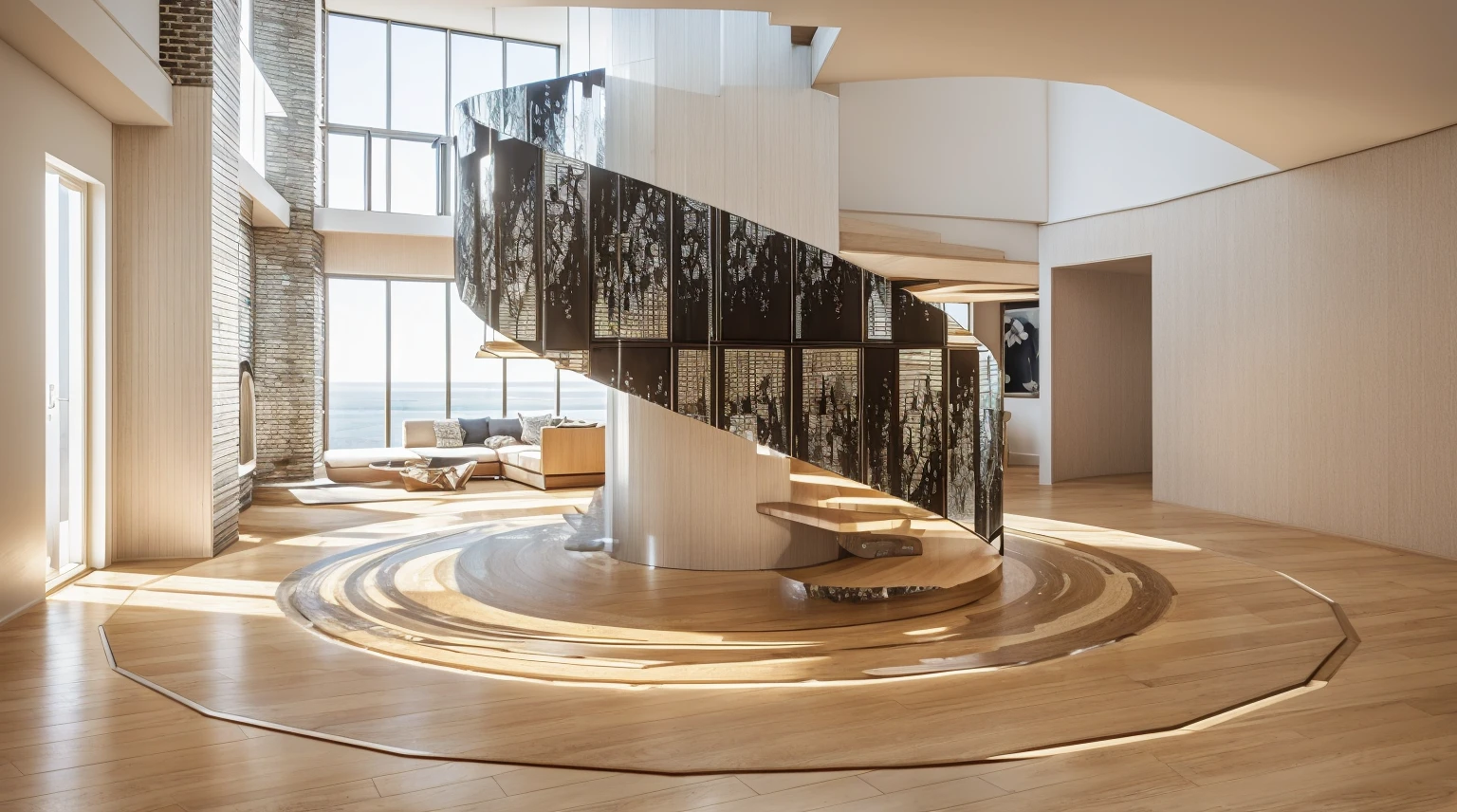 “ scandinavian living room
style, stair circle, curtains,
glass window, masterpice
paintings, terazzo floor,
daylight, soft light ”