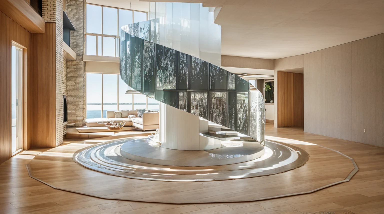 “ scandinavian living room
style, stair circle, curtains,
glass window, masterpice
paintings, terazzo floor,
daylight, soft light ”