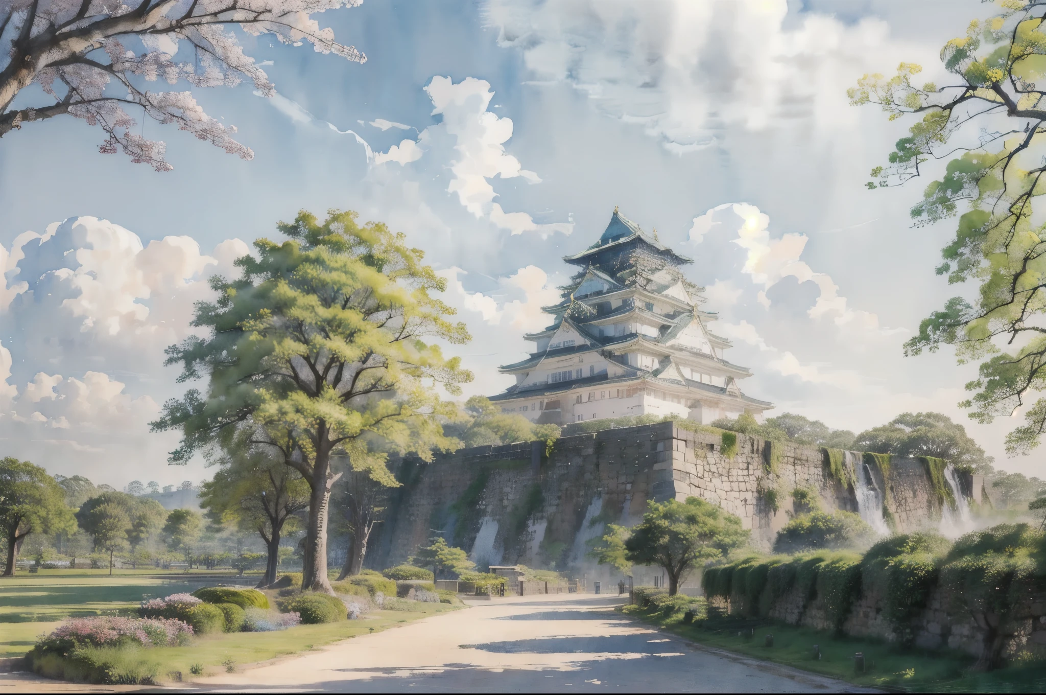 (masterpiece),(Highest quality:1.2),(Very detailed:1.2),(High resolution),(((watercolor))),8K,wallpaper,Osaka Castle,summer,(osakajou, cloud, tree, sky, outdoors, scenery, architecture, day, building, cloudy sky, road, blue sky, real world location)