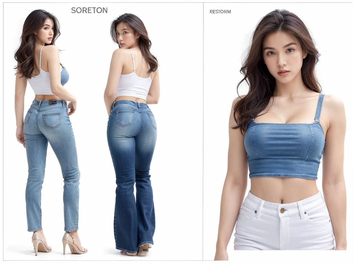 Detailed character sheet, Front view, Side view, Diagonal view, with a white returnground, show women, 30 years old, with dark brown hair combed return, Wearing light casual clothing, Wearing tight denim jeans. The seat includes different angles, Front etc., return, and Side views, Model sheets and reference sheets, Full-body painting. Proportions are based on a 7.5 head scale.