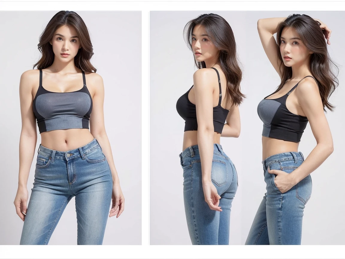 Detailed character sheet, Front view, Side view, Diagonal view, with a white returnground, show women, 30 years old, with dark brown hair combed return, Wearing light casual clothing, Wearing tight denim jeans. The seat includes different angles, Front etc., return, and Side views, Model sheets and reference sheets, Full-body painting. Proportions are based on a 7.5 head scale.