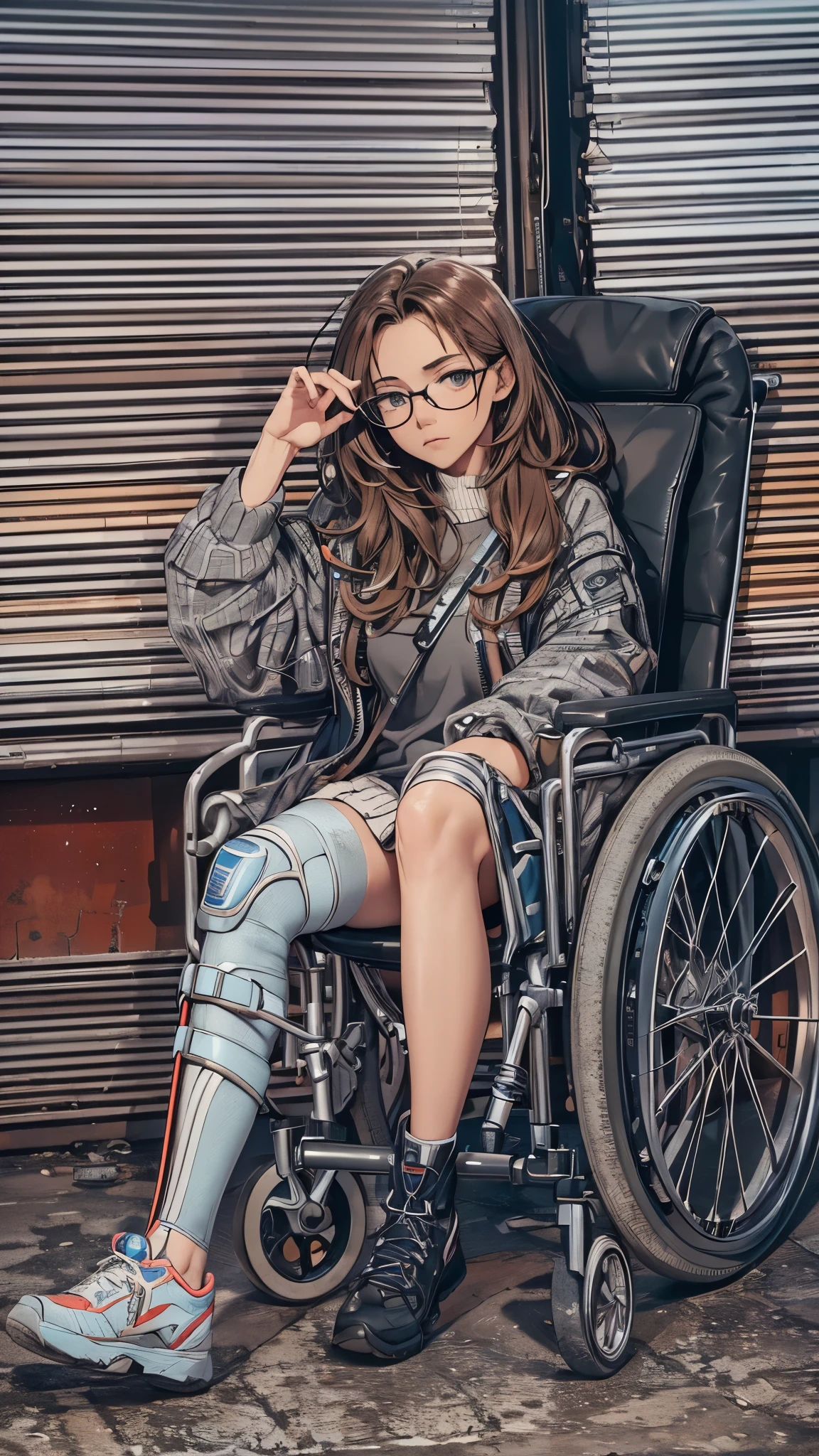 (Very detailed, Realistic), Cityscape, [moderately:Oil], [Professional:1.1], [Physically Based Rendering], [Bright colors], [Sharp focus], [Studio Lighting], [Extreme Detail], [Highest quality,4K,8K,High resolution,masterpiece:1.2],(Detailed face),((inside the hospital)),((One 18-year-old woman)),(Glasses),(Black unkempt hair),(dark),(it hurts),(Scary),[Nervous eyes],((She walks with crutches,Crutch length from armpit,Crutches are at her side)),she leans on her crutches)),((she’s putting on her legs in cast)),((leg braces)),((leg braces)),((she’s wheelchair user)),((she’s wheelchair user)),((Her feet are turned inwards)),(winter clothes ladies fashion,trench coat,tights),((lace-up-long-boots)),(gloves,Knee pads),.