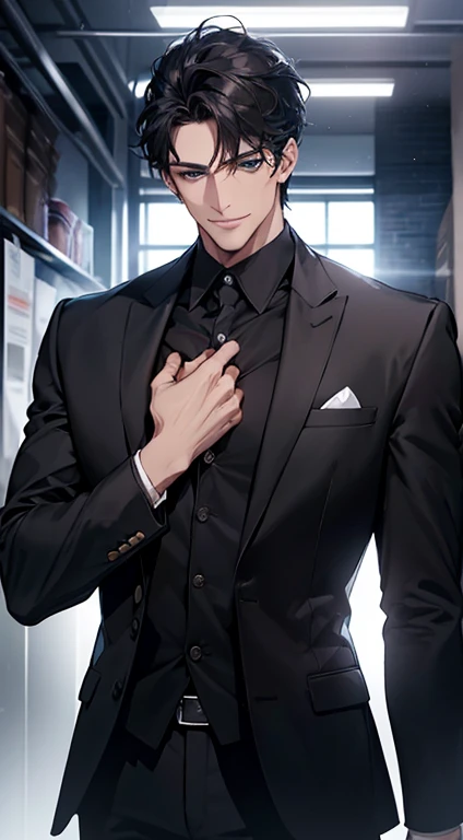 (best quality, masterpiece, 8K, photorealistic, cinematic lighting, hdr image, ultra detailed, beautiful image), a mature man, very handsome, smile, short black hair, blue eyes, perfect face without errors, ((buttoning the jacket, CEO))