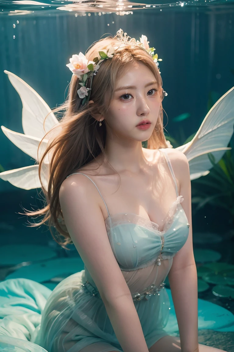 (best quality,4k,8k,highres,masterpiece:1.2),ultra-detailed,(realistic,photorealistic,photo-realistic:1.37),Kim Jisoo as Neptune Fairy,beautiful detailed eyes,beautiful detailed lips,extremely detailed eyes and face,longeyelashes,shimmering tail flowing in water,sparkling aquamarine colored wings,soft and radiant light illuminating the scene,ethereal and dreamy atmosphere,floral crown with delicate water lilies,flowing pastel-colored gown with intricate details,graceful and elegant pose,serene expression on Jisoo's face,subtle underwater scenery in the background,breathtaking underwater garden,floating bubbles adding a touch of magic,gentle waves caressing the scene,glimmering reflections dancing on the surface,soft and pastel color palette,creating a sense of tranquility and enchantment,stunning visual effects highlighting the mythical nature,neptunian energy radiating from Jisoo's presence,immersing viewers into a realm of fantasy and wonder,blending elements of mythology and beauty,transforming Jisoo into a mesmerizing Neptune Fairy.