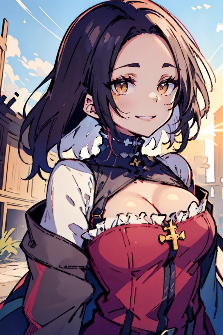 (masterpiece:1.2), (high quality:1.2), (hui xiyi:0.7), rekkyo sensen, rekkyou sensen, girls with((black hair, (tits cleavage:1.15), (breasts close up:1.15), (suspenders:1.2), (dress:0.65), (blue clothes:1.05), (belts:0.7), (frills shirt:1.2), (white knit sweater:1.2), (blue frills camisole:1.2), exposed breasts, straps, (cross clothes:1.15), (cross:1.05), upper body, (long wavy hair:1.2), (one side up:1.55), nun, long sleeves, (perfect hands:1.05), (five fingers:1.05))), background with((fantasy world, ruin, castle, beautiful sky, shining sky, sunshine))