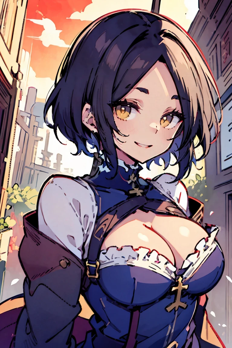 (masterpiece:1.2), (high quality:1.2), (hui xiyi:0.7), rekkyo sensen, rekkyou sensen, girls with((black hair, (tits cleavage:1.15), (breasts close up:1.15), (suspenders:1.2), (dress:0.65), (blue clothes:1.05), (belts:0.7), (frills shirt:1.2), (white knit sweater:1.2), (blue frills camisole:1.2), exposed breasts, straps, (cross clothes:1.15), (cross:1.05), upper body, (long wavy hair:1.2), (one side up:1.55), nun, long sleeves, (perfect hands:1.05), (five fingers:1.05))), background with((fantasy world, ruin, castle, beautiful sky, shining sky, sunshine))