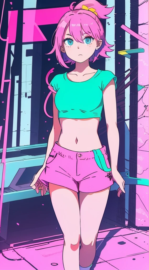 Girl in a neon T-shirt and pink shorts
