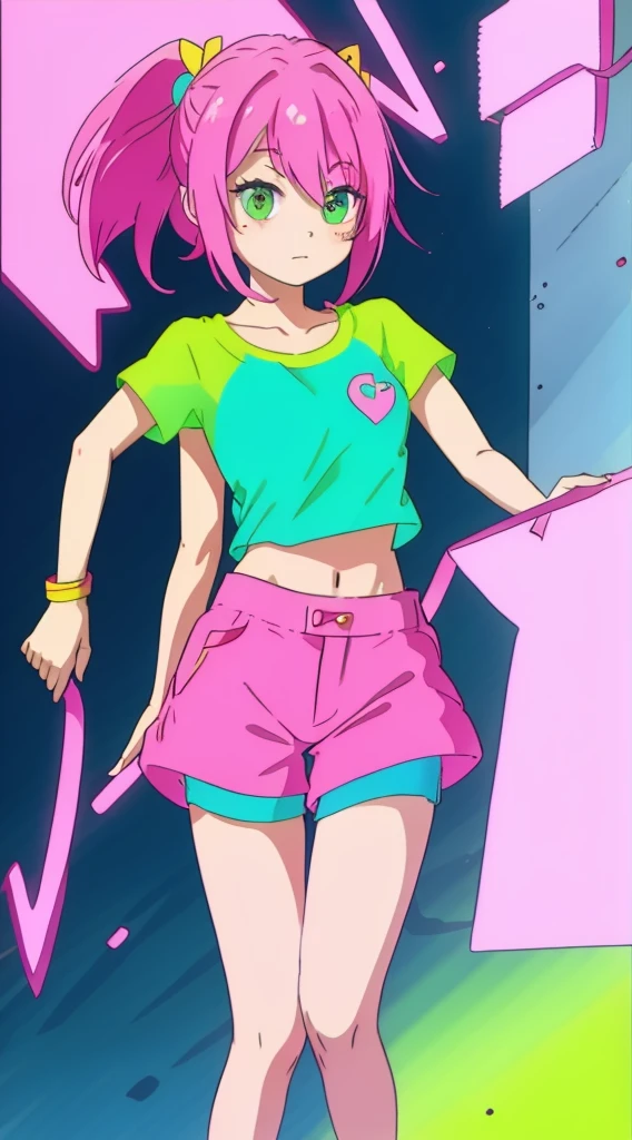 Girl in a neon T-shirt and pink shorts