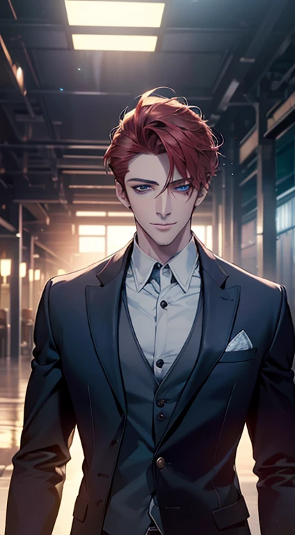(best quality, masterpiece, 8K, photorealistic, cinematic lighting, hdr image, ultra detailed, beautiful image), a mature man, very handsome, smile, short red hair, blue eyes, perfect face without errors, ((buttoning the jacket, CEO))