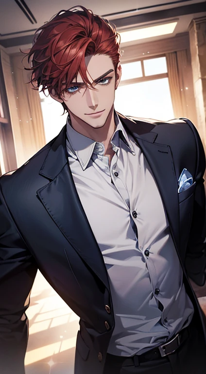 (best quality, masterpiece, 8K, photorealistic, cinematic lighting, hdr image, ultra detailed, beautiful image), a mature man, very handsome, smile, short red hair, blue eyes, perfect face without errors, ((buttoning the jacket, CEO))