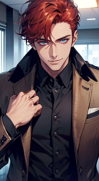 (best quality, masterpiece, 8K, photorealistic, cinematic lighting, hdr image, ultra detailed, beautiful image), a mature man, very handsome, smile, short red hair, blue eyes, perfect face without errors, ((buttoning the jacket, CEO))