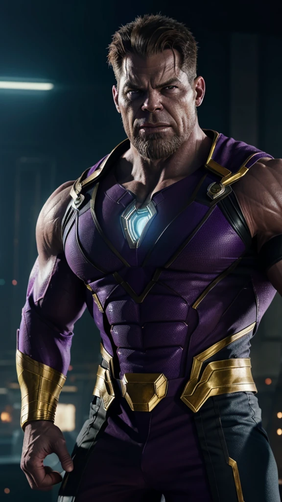 A muscular thanos with glowing infinity gauntlet, angry expression, wearing a tailored suit, cinematic lighting, detailed face, hyperrealistic, 8k, high quality, photorealistic,dark