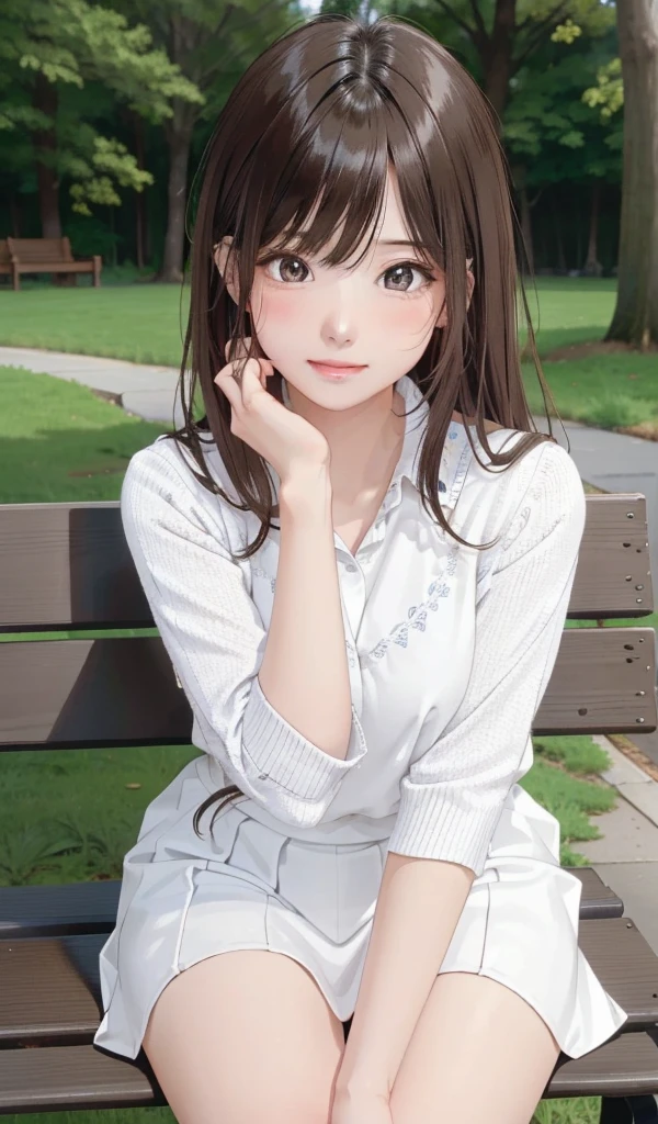 (One girl:1.3), Sexy pose, The body is slim,
(Realistic:1.4), (masterpiece, Highest quality, Highest quality, Official Art), Very detailed, Most detailed, (Super detailed), ((Very delicate and beautiful)), Cinematic Light,  (Realistically:1.3), 
(Highly detailed skin:1.2), High resolution, 8K UHD, 4K, 8K, Bokeh, 
Digital single-lens reflex camera, Absurd, Optimal ratio of four fingers to one thumb,
wood々In a park with,Sitting on a bench, 
((Silky long hair)), (Brown Hair),  tears,
Beautiful Face, Perfect Face, highly detailed Beautiful Face, 
cute, shy,blush,
Dynamic Angle, From above,View your viewers,  
Wearing a brown sweater,skirt