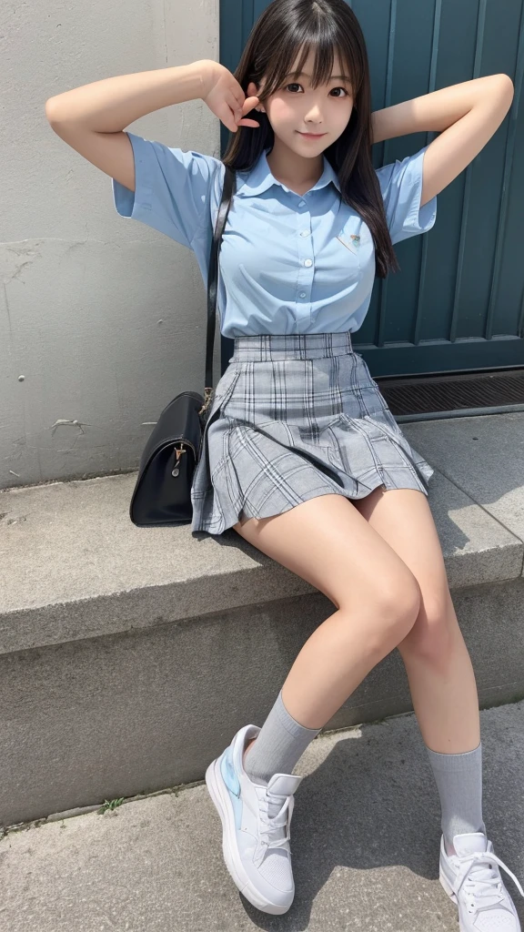 Japanese、17 years old、high school girl、Light blue shirt、Grey checked mini skirt、Above the thigh