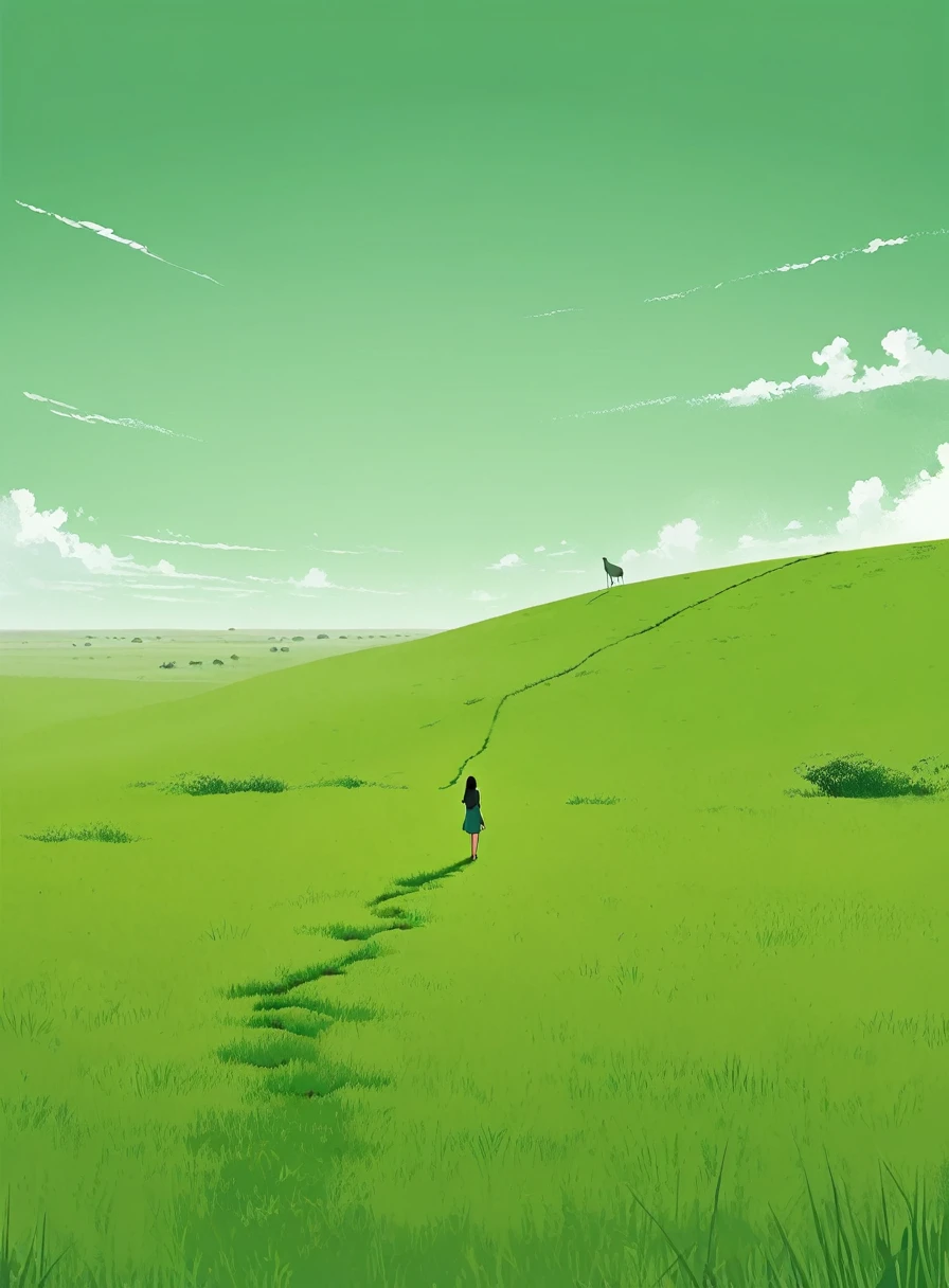 Minimalist Journey,solitary, green grassland,1 girl looking up at the sky, Minimalism, In the savannah, illustration.