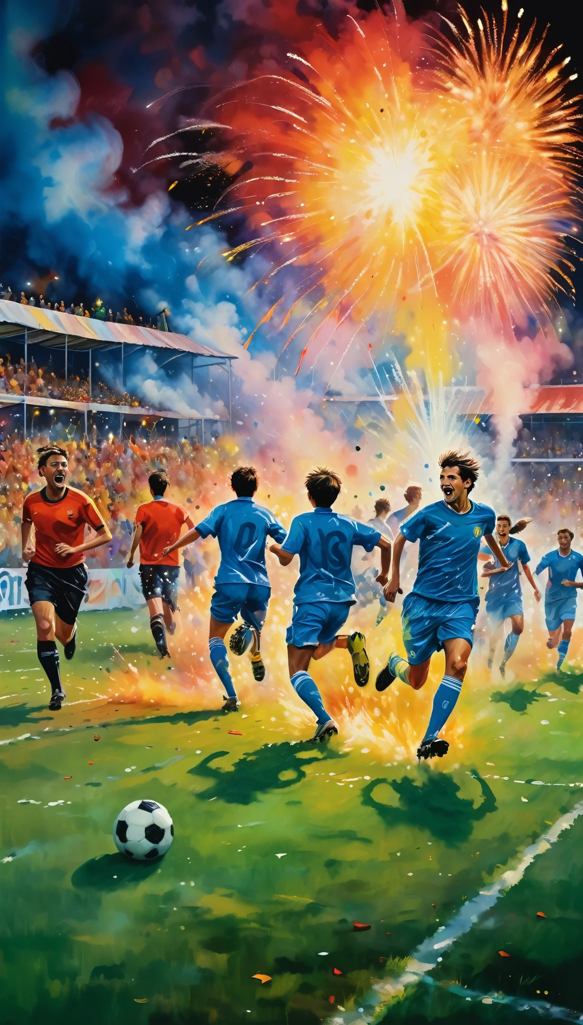 fusion of watercolors and oil paintings, best quality, super fine, 16k, 2.5D, delicate and dynamic, soccer official match, enthusiasm, during soccer games, grass pitch, there were overflowing spectators, rioting hooligans, smoke and fireworks, firecrackers, banners, (action blur, motion blur:0.5)
