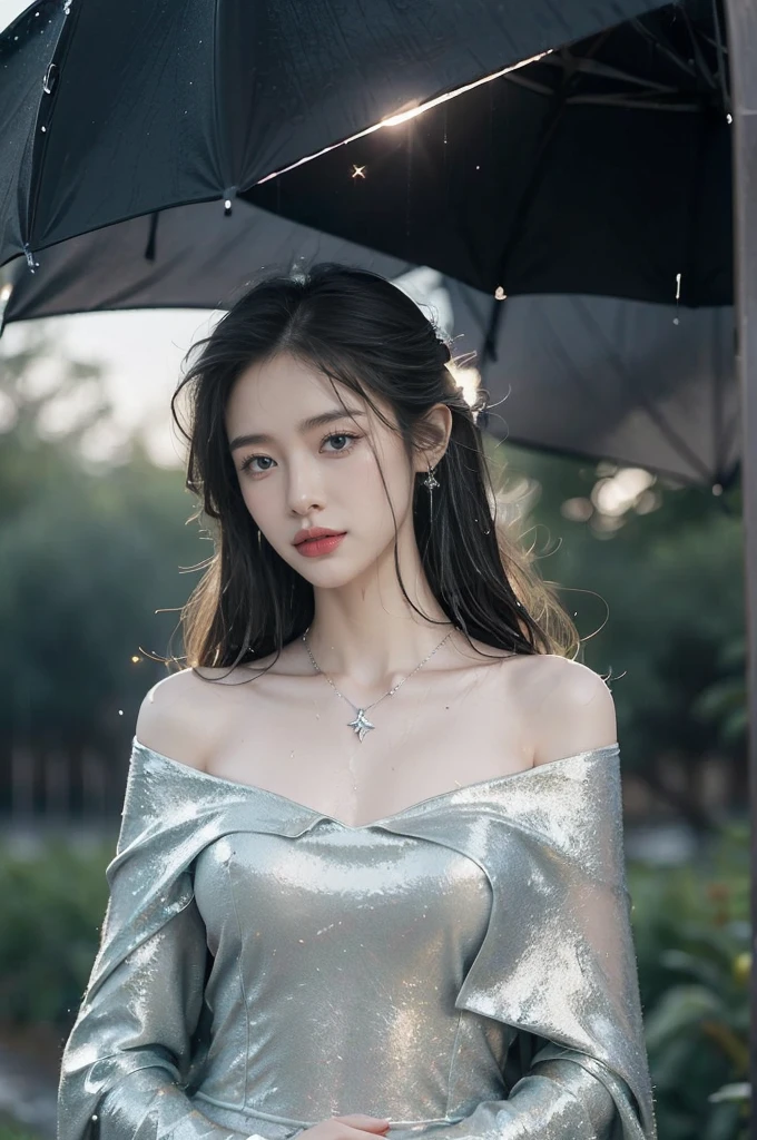 (((best quality))),(((ultra detailed))),(((masterpiece))),illustration,1 beautiful girl,solo,slim,thin,flat chest,shoulder length straight bob hair,flowing hair,fair skin,(shiny skin:1.3),sparkling eyes,blue dress,delicate silver necklace,grass,dewdropletts,trees,bird chirping,(shimmering shadows:1.3),serenity,gratitude,awe,wonders of nature,peace,contentment,magnificent world,summer,(pitch-dark dawn:1.5),(night scene:1.3),upper body,from front,(after rain:1.3),(wet:1.3),standing,dark clouds,confident gaze,elegant posture,mysterious atmosphere,solemn mood,beam of light,deep blue sky,dawn approaching,detailed decorations
