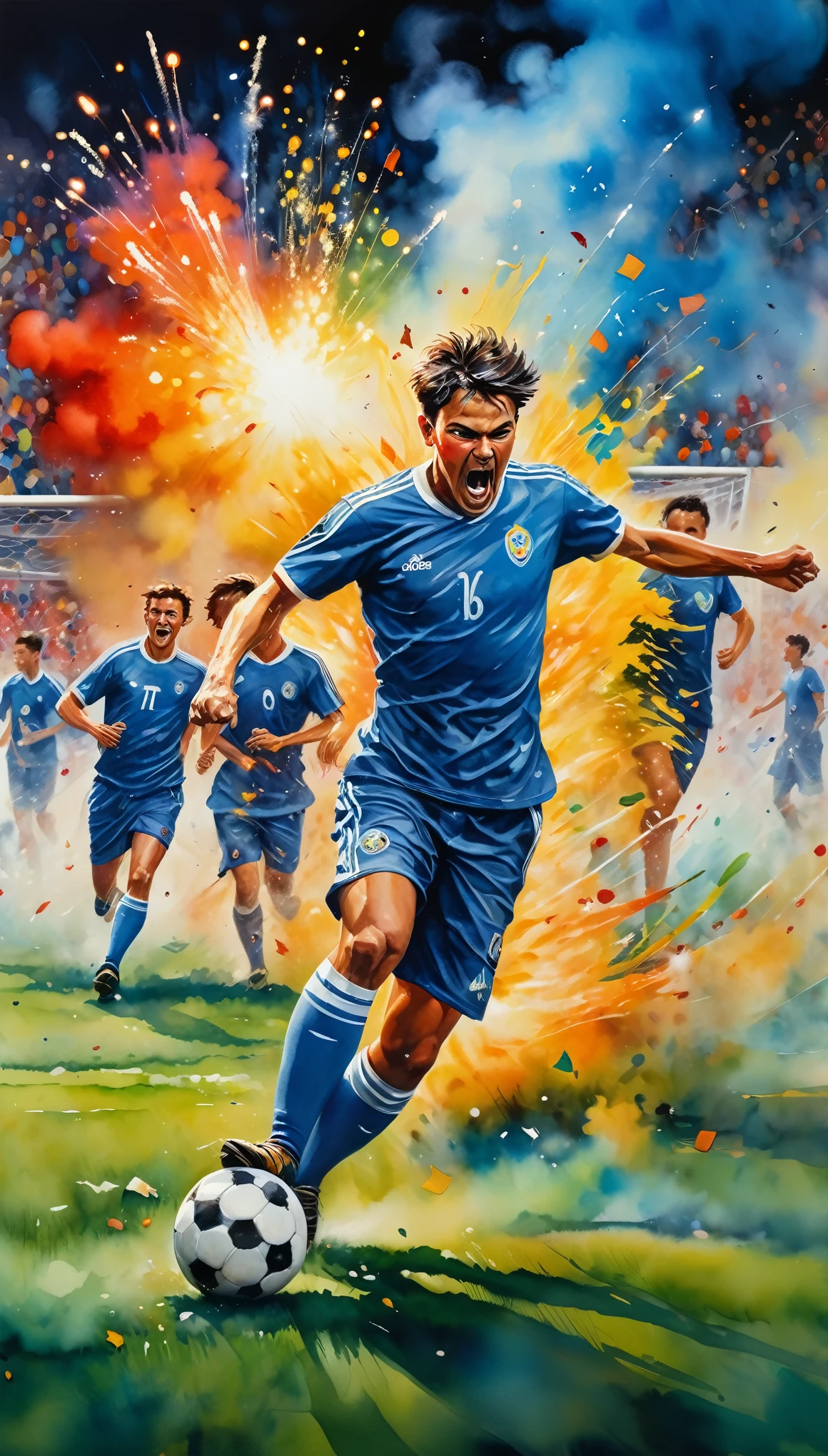 fusion of watercolors and oil paintings, best quality, super fine, 16k, 2.5D, delicate and dynamic, soccer official match, enthusiasm, during soccer games, grass pitch, there were overflowing spectators, rioting hooligans, smoke and fireworks, firecrackers, banners, (action blur, motion blur:0.5)