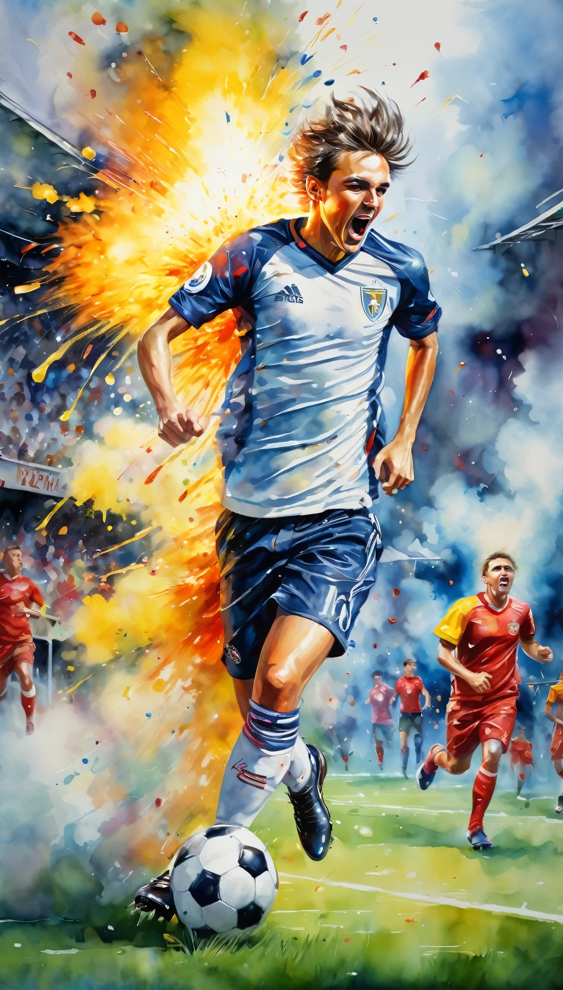 fusion of watercolors and oil paintings, best quality, super fine, 16k, 2.5D, delicate and dynamic, soccer official match, enthusiasm, during soccer games, grass pitch, there were overflowing spectators, rioting hooligans, smoke and fireworks, firecrackers, banners, (action blur, motion blur:0.5)