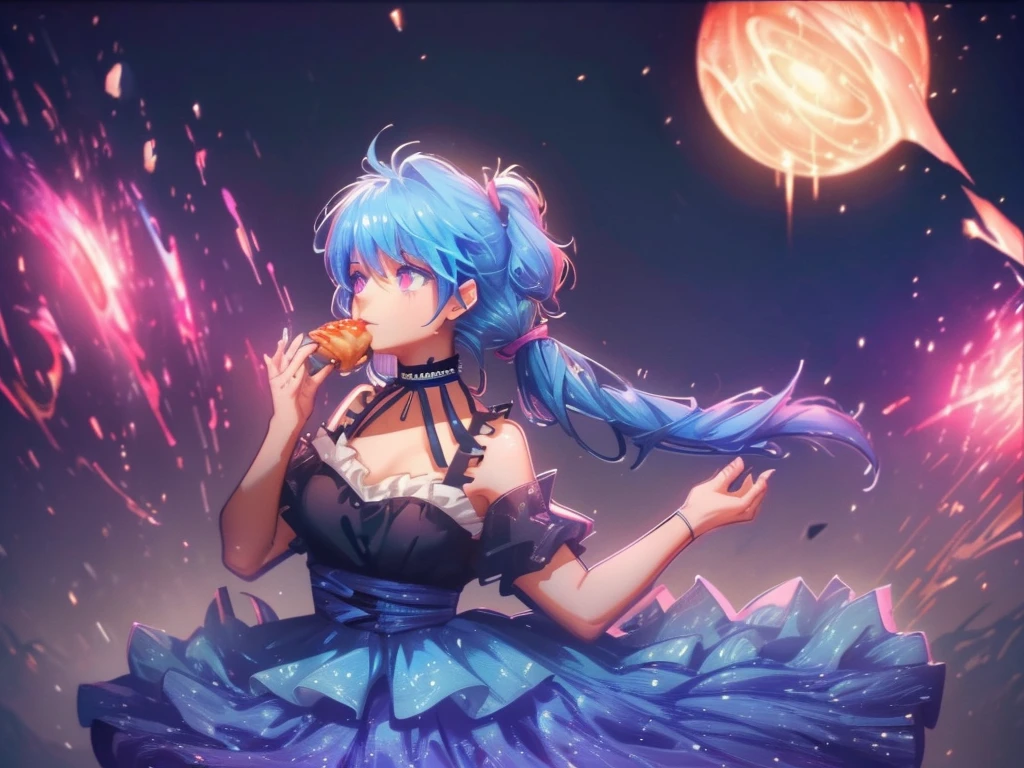 8k wallpaper，tmasterpiece，cinmatic lighting，top Quority，illustratio，Dramatic angles，（（a color：1.1）），（（Colored inner hair：1.4）），
1girll， solo， long blue hair， SakuraNS， Pink eyes， Cross necklace， parted lip， a white choker， liquid hair， Light blue hair， By bangs， By bangs， From the side Side， contours， The upper part of the body， blue hairs， anime kitchen backgound， pink back ground， exposed bare shoulders， sportrait， looking at viewert， white dresses， hairsbetweeneyes， colorfulhair， kitchen Background, Nebula, 耳Nipple Ring，jewely, majestic, eating hamburger, table of foods, crowded from behind