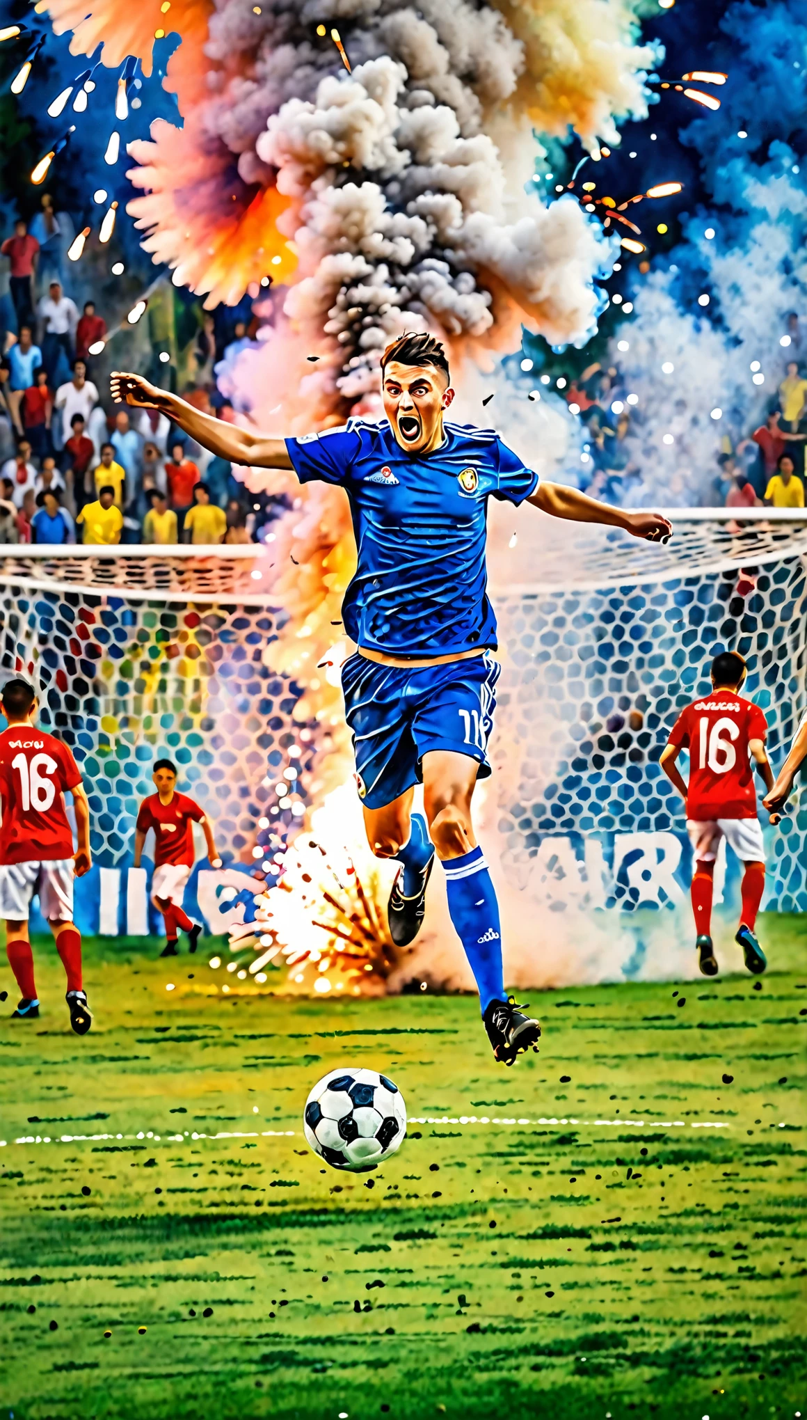 fusion of watercolors and oil paintings, best quality, super fine, 16k, 2.5D, delicate and dynamic, soccer official match, enthusiasm, during soccer games, grass pitch, there were overflowing spectators, rioting hooligans, smoke and fireworks, firecrackers, banners, (action blur, motion blur:0.5)