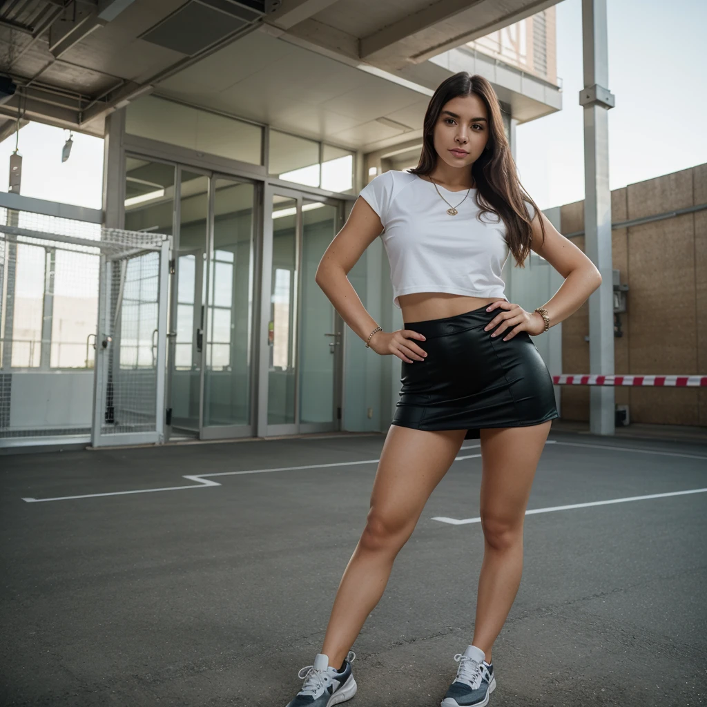 1girl in, 30 years old, Square face, Long hair, Looking at viewer, jewelry, Reality, Sexy, Short skirt outfit, , sports background, free pose