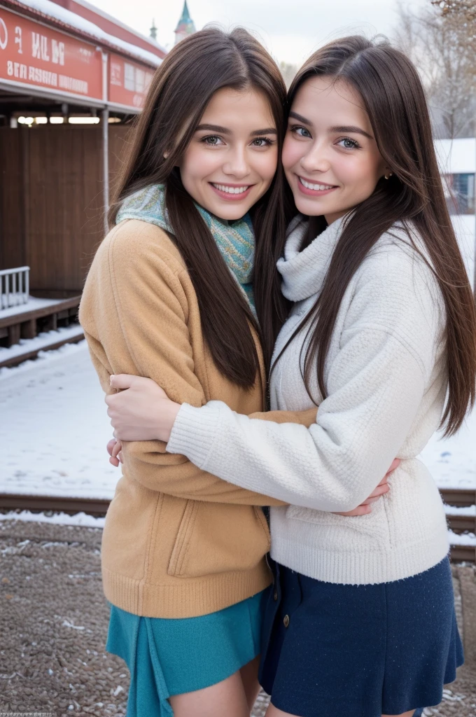 Professional photograph, best quality, 8K, hyper detailed, half body, A close up portrait of two friends posing for the camera, an argentinian guy who has dark brown hair and a russian girl who has light brown hair, the both of them are wearing winter outfits, Both are nice people from Argentina and Russia, who share a true and beautiful friendship and who are united. They're glad, smiling and enjoying a day at park in winter. They pose gladly for the camera. Railway station at background.