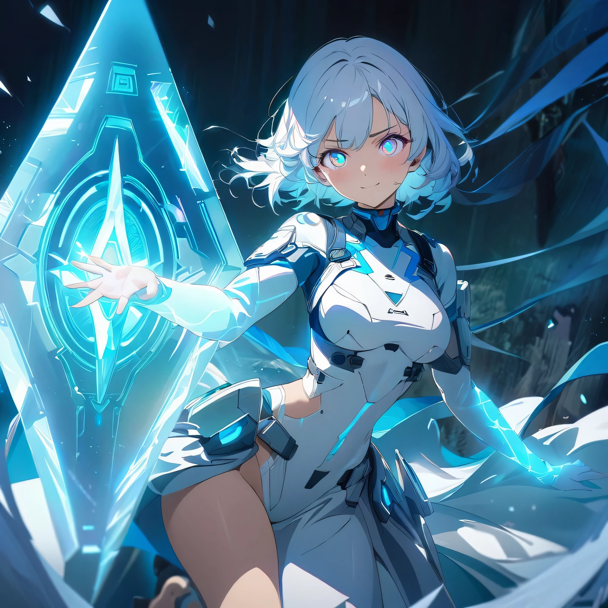 an image of a gentle girl with short, silvery-blue hair, wearing a futuristic, battle-ready outfit with glowing blue elements. She has a kind expression on her face, characterized by soft, warm eyes and a gentle smile with relaxed features. She is generating a large, translucent energy shield that shimmers with blue light, protecting herself and an area around her. The girl should be in a dynamic yet gentle pose, with one hand outstretched towards the viewer as if she's directing the shield and the other hand resting gently by her side. Her stance is strong yet relaxed, with one leg slightly bent. The background is dark and dramatic, with hints of blue light and energy waves illuminating their figures. The shield should have intricate, glowing patterns, enhancing the sense of her power and gentle control, (nude:0.8), detailed gorgeous face| anime style| key visual| intricate detail| highly detailed| breathtaking| vibrant| panoramic| cinematic| Carne Griffiths| Conrad Roset| gibbli 8k