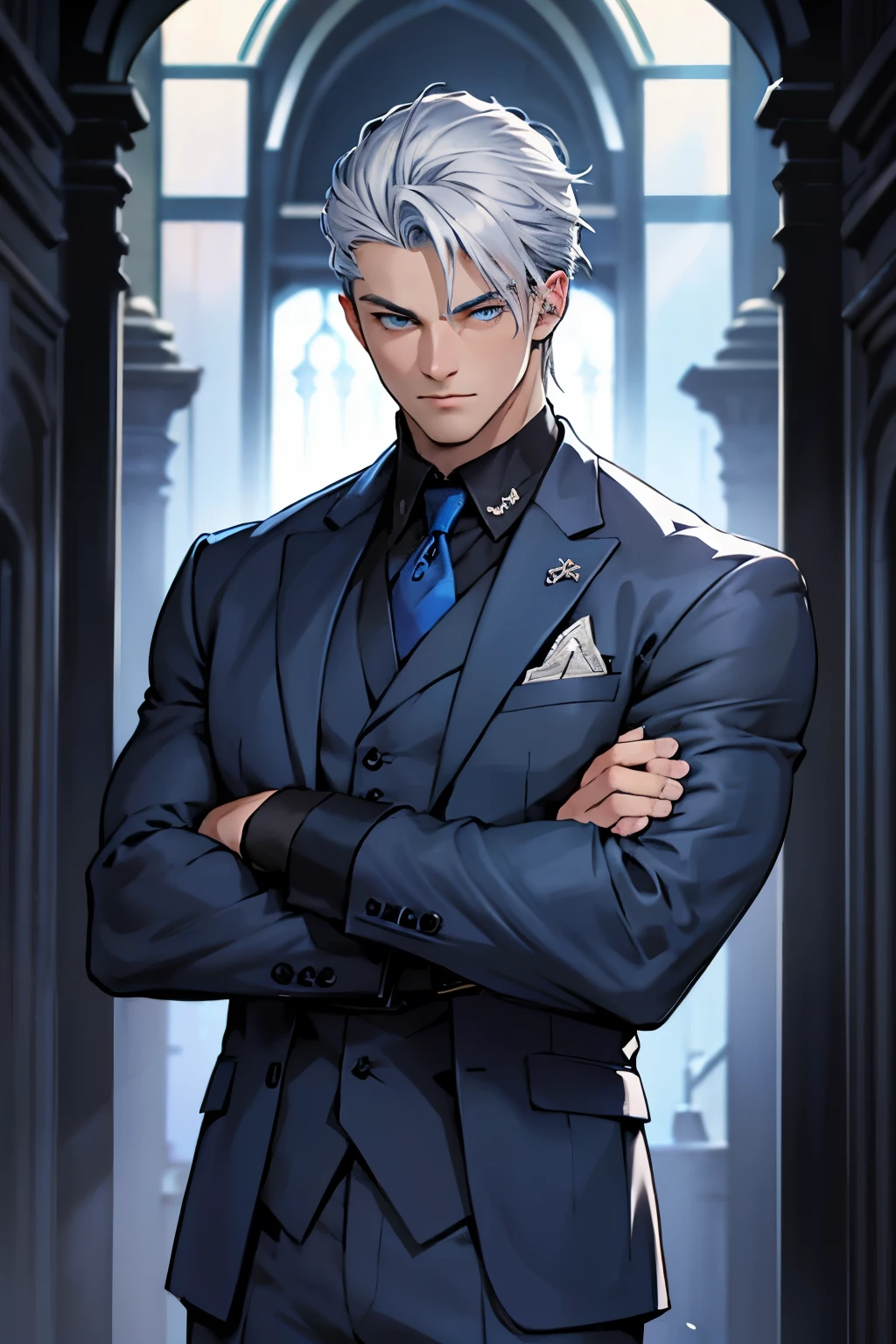 Drawing of a young Chad, Dark blue suit, Arms Crossed, Looking at the camera, male,Silver hair,Blue Eyes