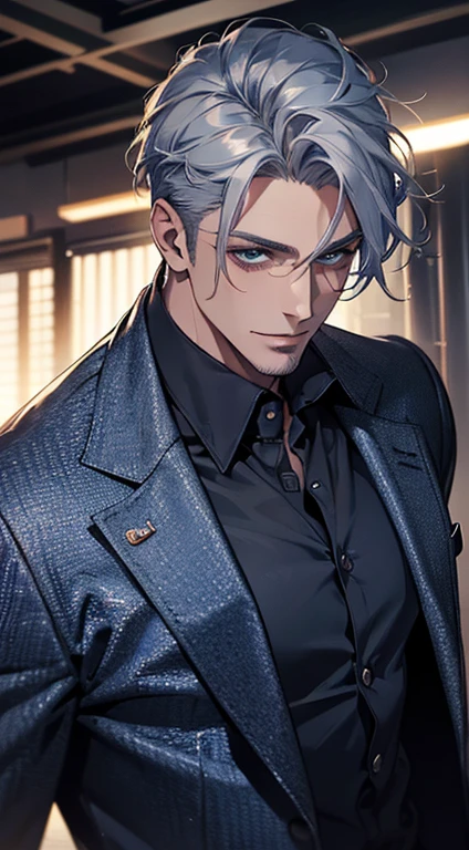 (best quality, masterpiece, 8K, photorealistic, cinematic lighting, hdr image, ultra detailed, beautiful image), a mature man, very handsome, smile, short grey blue hair, blue eyes, perfect face without errors, ((buttoning the jacket, CEO))