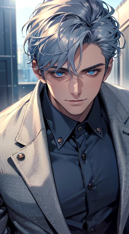 (best quality, masterpiece, 8K, photorealistic, cinematic lighting, hdr image, ultra detailed, beautiful image), a mature man, very handsome, smile, short grey blue hair, blue eyes, perfect face without errors, ((buttoning the jacket, CEO))