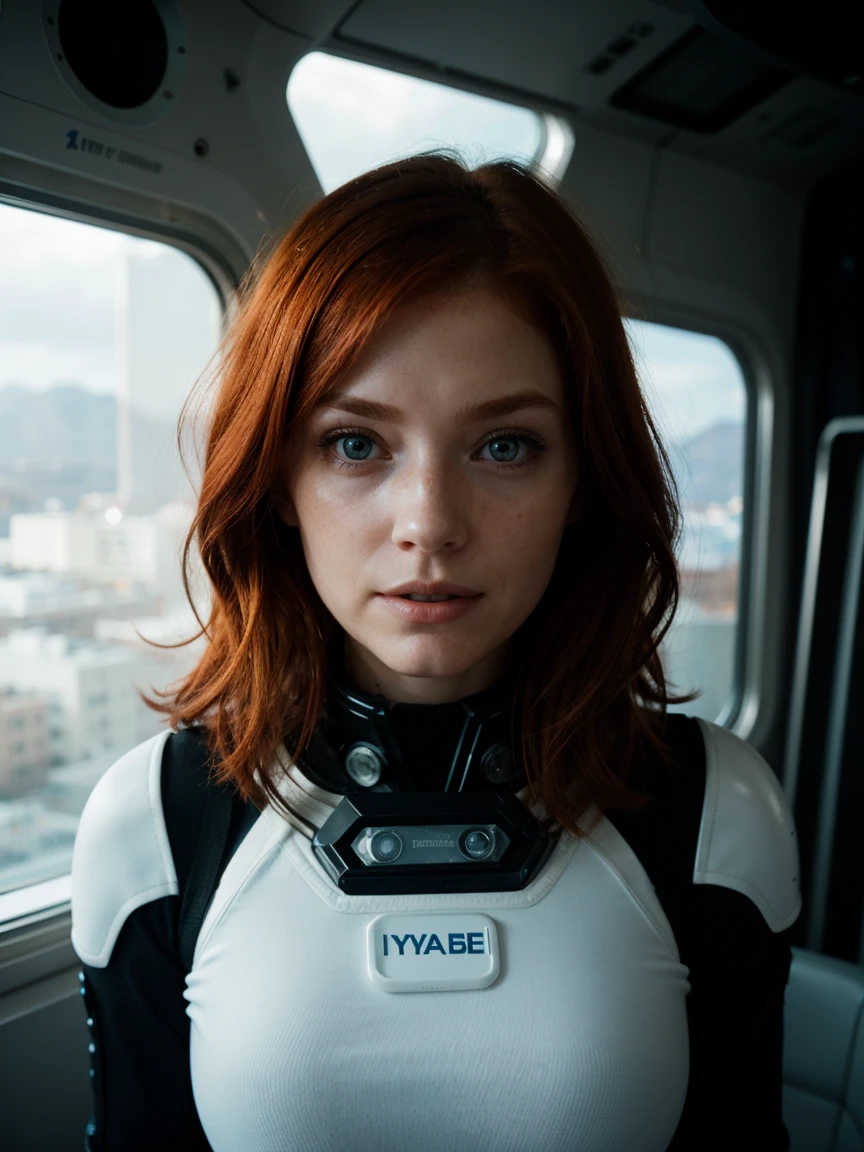 redhead woman photos, In space, Futuristic space suit, (freckles:0.8) Cute face, sf, Dystopia, Fine grain, blue eyes