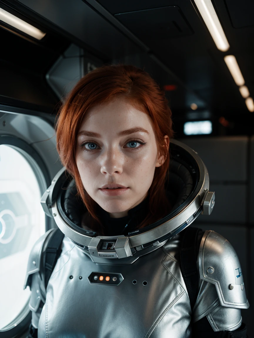 redhead woman photos, In space, Futuristic space suit, (freckles:0.8) Cute face, sf, Dystopia, Fine grain, blue eyes