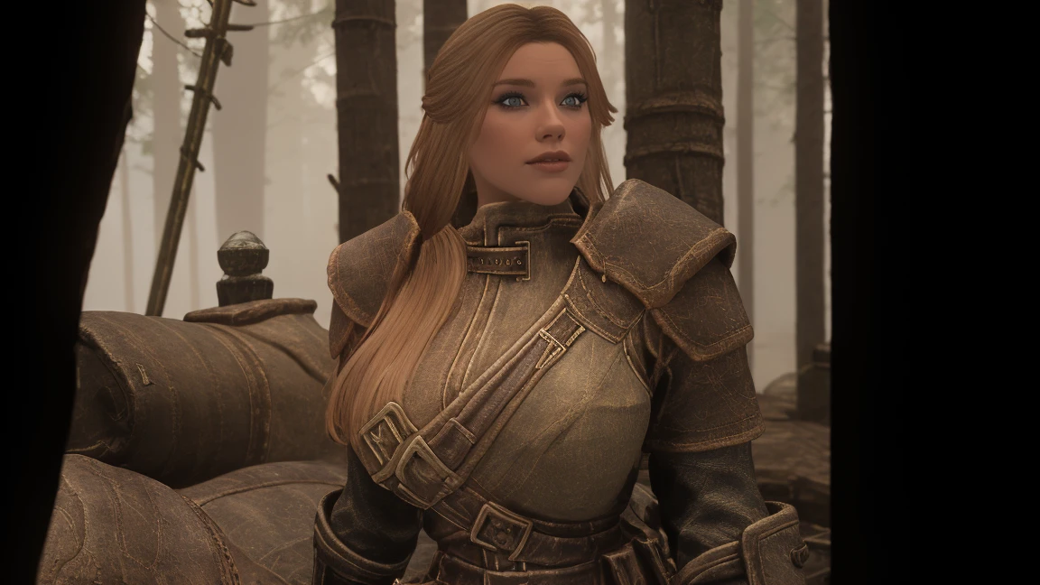 In a breathtaking shot of female breton riding an armored horse in the land of Skyrim, the camera zooms in for a stunning close-up view. As the day breaks with warm sunlight, the steel armor glistens, and female breton's rugged features are expertly framed against the misty backdrop. Her piercing eyes seem to bore into the distance, radiating determination as he sits confidently on her steed, reins held firmly in hand. The camera's high focus on the character captures every detail of this legendary warrior's visage, immersing the viewer in the epic world of Skyrim. blond hair, female breton