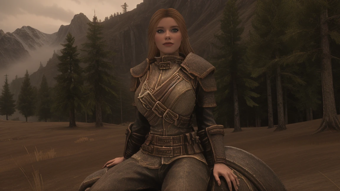 In a breathtaking shot of female breton riding an armored horse in the land of Skyrim, the camera zooms in for a stunning close-up view. As the day breaks with warm sunlight, the steel armor glistens, and female breton's rugged features are expertly framed against the misty backdrop. Her piercing eyes seem to bore into the distance, radiating determination as he sits confidently on her steed, reins held firmly in hand. The camera's high focus on the character captures every detail of this legendary warrior's visage, immersing the viewer in the epic world of Skyrim. blond hair, female breton