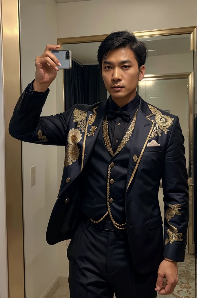 there is an Asian man taking a selfie in a mirror, wearing a fancy jacket, wearing an ornate suit, blue gold suit, wearing a blazer, well - dressed, outfit photo, wearing fancy clothes, wearing a fancy black jacket, velvet blazer, well dressed, intricate suit, wearing suits!, jacket over bare torso, floral!, ready for a meeting, wearing jacket. Asian, handsome, sexy