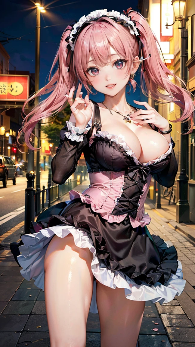 (Masterpiece, BestQuality:1.3), (ultra detailed:1.2), (hyperrealistic:1.3), (RAW photo:1.2), High detail RAW color photo, professional photograph, (Photorealistic:1.4), (realistic:1.4), professional lighting, perfect anatomy, (Big Breasts:1.1), (blush, detailed face), (cheerful Smile:1.5), Trending Hair&Trending Hairカラーをランダムに, earrings, necklace, bracelet, sexly, erotic sexly, Random sexy gravure poses, (A pink-haired beauty in ta fashion is at a cafe on a city street。hair is twin tail、spread your skirt。:1.3)