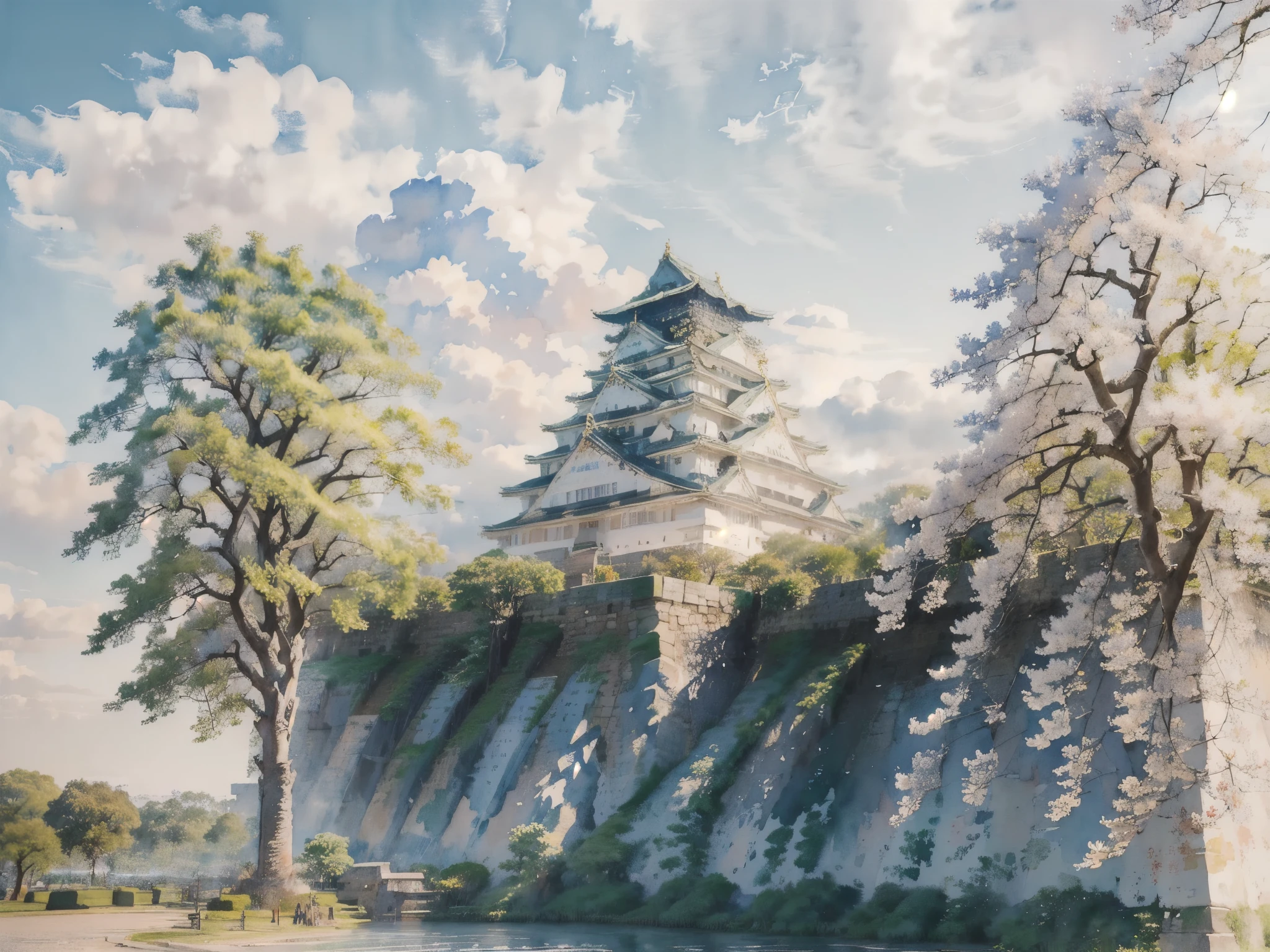 (masterpiece),(Highest quality:1.2),(Very detailed:1.2),(High resolution),(((watercolor))),8K,wallpaper,Osaka Castle,summer,(osakajou, cloud, tree, sky, outdoors, scenery, architecture, day, building, cloudy sky, road, blue sky, real world location)