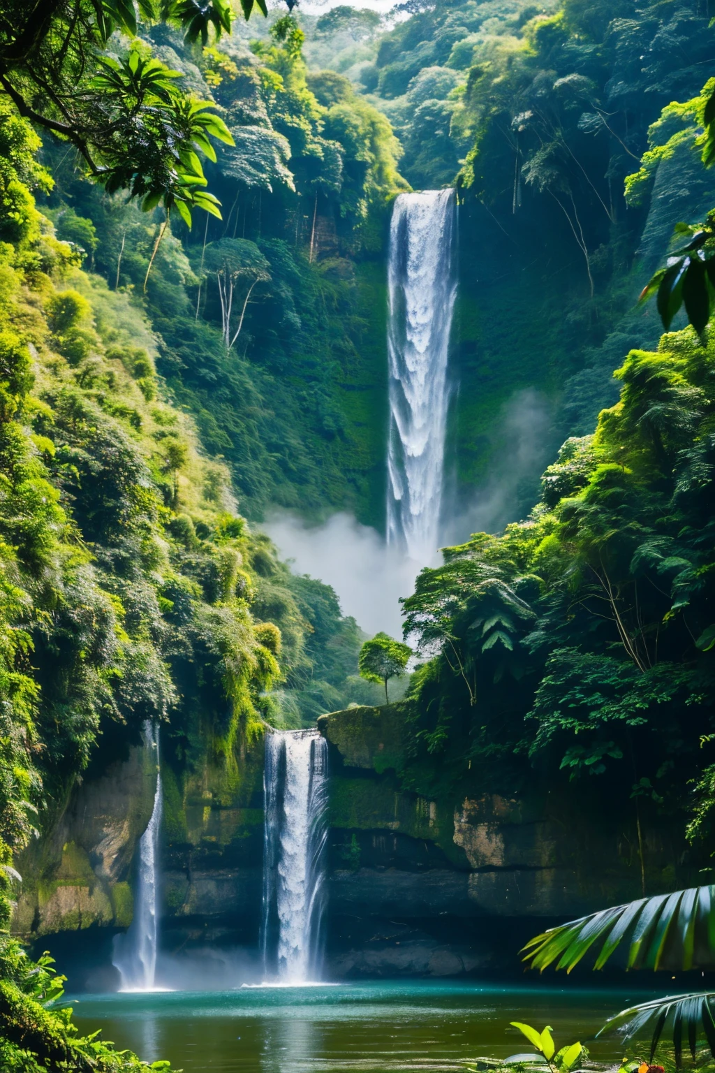 ((best quality)), ((masterpiece)), (detailed),dense jungle
towering trees
exotic wildlife (monkeys, parrots)
cascading waterfall
vibrant orchids
misty atmosphere
winding river
lush foliage
chirping insects
mystical and lush